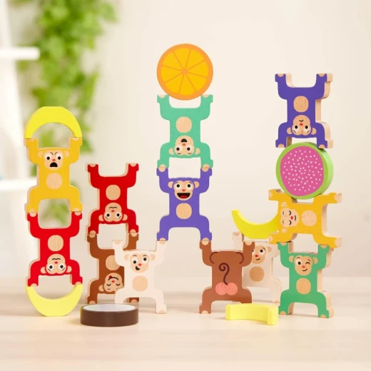 Battat Stacking Monkeys 19-Piece Wooden Educational Playset for Kids 3+, 12 Wooden Monkeys, 7 Fruit Pieces & Playbook with Stacking Games for Spatial Awareness, Motor Skills & Problem-Solving - Battat - Image 2