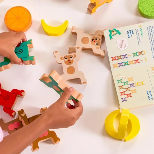Battat Stacking Monkeys 19-Piece Wooden Educational Playset for Kids 3+, 12 Wooden Monkeys, 7 Fruit Pieces & Playbook with Stacking Games for Spatial Awareness, Motor Skills & Problem-Solving - Battat - Image 7