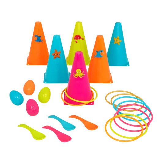 B. Toys, Ring Toss and Egg and Spoon Game Outdoor Games Galore Kids Party Yard Games Set Cones Rings Spoons Eggs Mesh Bag Active Play Toy For Kids 3 Years Plus Motor Skills Coordination Fun - B. toys - Image 2