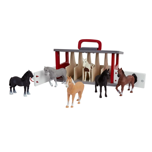 TERRA, Carry and Go Horse Stable Wooden Playset with 6 Horse Figurines Friesian Percheron Arabian Mare Spotted Saddle Akhal-Teke Shire Portable Stable Toy for Kids 3+ - Terra - Image 2