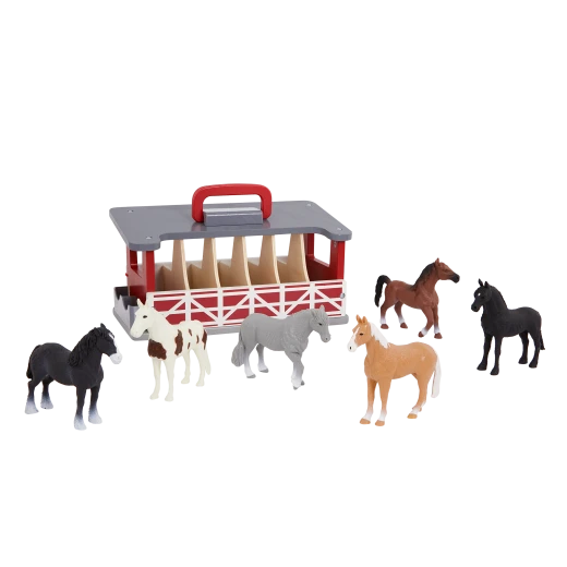 TERRA, Carry and Go Horse Stable Wooden Playset with 6 Horse Figurines Friesian Percheron Arabian Mare Spotted Saddle Akhal-Teke Shire Portable Stable Toy for Kids 3+ - Terra - Image 4