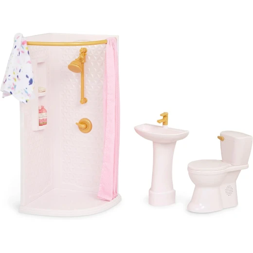 Our Generation, Sweet Bathroom Dollhouse Furniture Set with Shower Cabin Curtain Sink Toilet with Realistic Flushing Sound Towel Soap Shampoo Conditioner Accessories for 46 cm Dolls Dollhouse Bathroom Playset for Kids Age 3+ - Our Generation - Image 2