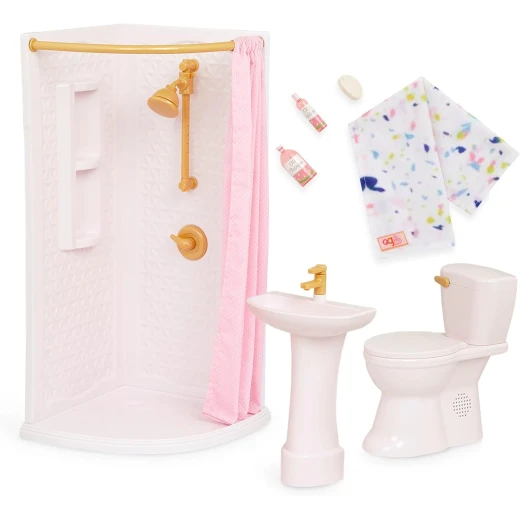 Our Generation, Sweet Bathroom Dollhouse Furniture Set with Shower Cabin Curtain Sink Toilet with Realistic Flushing Sound Towel Soap Shampoo Conditioner Accessories for 46 cm Dolls Dollhouse Bathroom Playset for Kids Age 3+ Our Generation, Sweet Bathroom Dollhouse Furniture Set with Shower Cabin Curtain Sink Toilet with Realistic Flushing Sound Towel Soap Shampoo Conditioner Accessories for 46 cm Dolls Dollhouse Bathroom Playset for Kids Age 3+