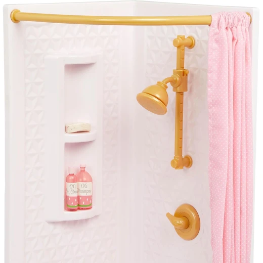Our Generation, Sweet Bathroom Dollhouse Furniture Set with Shower Cabin Curtain Sink Toilet with Realistic Flushing Sound Towel Soap Shampoo Conditioner Accessories for 46 cm Dolls Dollhouse Bathroom Playset for Kids Age 3+ - Our Generation - Image 3