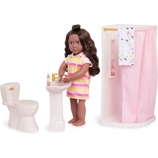 Our Generation, Sweet Bathroom Dollhouse Furniture Set with Shower Cabin Curtain Sink Toilet with Realistic Flushing Sound Towel Soap Shampoo Conditioner Accessories for 46 cm Dolls Dollhouse Bathroom Playset for Kids Age 3+ - Our Generation - Image 6