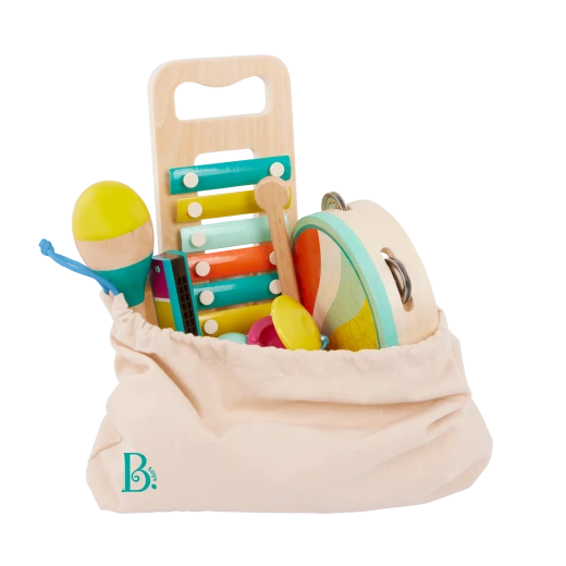 B. Toys, Make A Melody Wooden Musical Instrument Set For Kids 2 Years Plus 9 Piece Educational Music Toys With Xylophone Tambourine Harmonica Maraca And Storage Bag - B. toys - Image 2