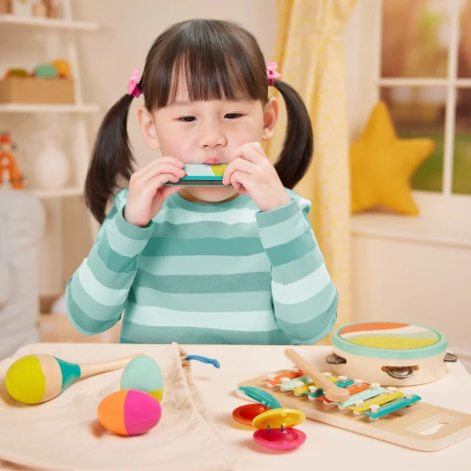 B. Toys, Make A Melody Wooden Musical Instrument Set For Kids 2 Years Plus 9 Piece Educational Music Toys With Xylophone Tambourine Harmonica Maraca And Storage Bag - B. toys - Image 4