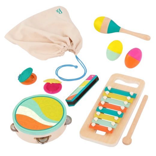 B. Toys, Make A Melody Wooden Musical Instrument Set For Kids 2 Years Plus 9 Piece Educational Music Toys With Xylophone Tambourine Harmonica Maraca And Storage Bag - B. toys - Image 6