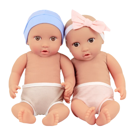 LullaBaby, Twin Baby Dolls and Sleep Sacks Set Boy and Girl 14 Inch Brown Eyes Soft Huggable Body Removable Sleep Sacks Comfy Shorts Headband and Hat Fair Skin Perfect for Kids Ages 2 Years and Up - Lullababy - Image 2