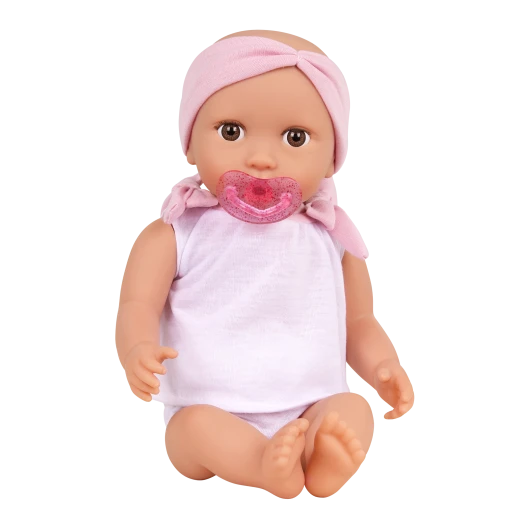 LullaBaby, 14 Inch Baby Doll 2 Piece Outfit Pink Headband Brown Eyes Soft Cuddly Body Removable Pacifier First Baby Doll Gift for Kids 2 Years and Up - Lullababy - Image 8