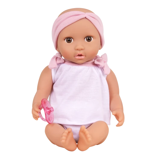 LullaBaby, 14 Inch Baby Doll 2 Piece Outfit Pink Headband Brown Eyes Soft Cuddly Body Removable Pacifier First Baby Doll Gift for Kids 2 Years and Up - Lullababy - Image 6