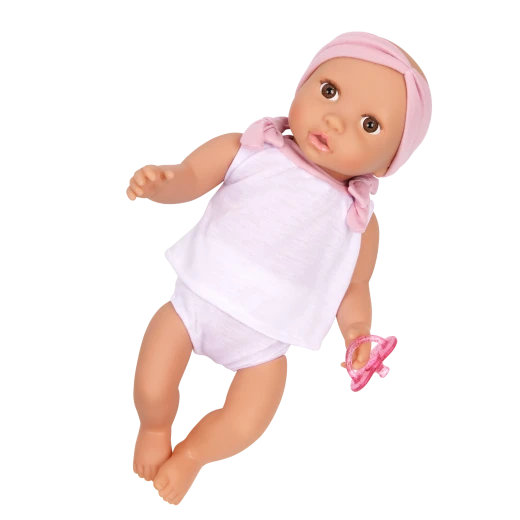 LullaBaby, 14 Inch Baby Doll 2 Piece Outfit Pink Headband Brown Eyes Soft Cuddly Body Removable Pacifier First Baby Doll Gift for Kids 2 Years and Up - Lullababy - Image 4