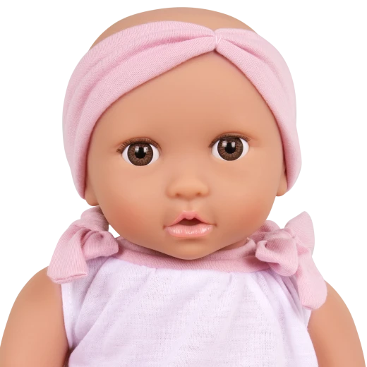 LullaBaby, 14 Inch Baby Doll 2 Piece Outfit Pink Headband Brown Eyes Soft Cuddly Body Removable Pacifier First Baby Doll Gift for Kids 2 Years and Up - Lullababy - Image 2