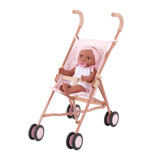 LullaBaby, Baby Doll Stroller Pink Stroller Golden Star Print Foldable Frame Easy-Grab Foam Handles Double Wheels Safety Strap Fully Assembled Durable Materials Perfect for Kids Ages 2 Years and Up Interactive Nurturing Role Play Travel Gift Set - Lullababy - Image 5