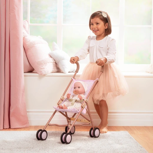 LullaBaby, Baby Doll Stroller Pink Stroller Golden Star Print Foldable Frame Easy-Grab Foam Handles Double Wheels Safety Strap Fully Assembled Durable Materials Perfect for Kids Ages 2 Years and Up Interactive Nurturing Role Play Travel Gift Set - Lullababy - Image 6