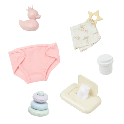 LullaBaby, Baby Doll Play & Care Set Diaper Accessories Stacking Toy Rings Ducky Sippy Cup Baby Wipe Container Pacifier Durable Easy to Clean Ages 2 Years and Up Nurturing Role Play Accessory Set - Lullababy - Image 6