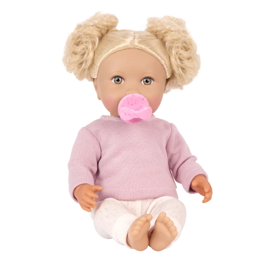 LullaBaby, 14 Inch Baby Doll with Wavy Blonde Hair Blue Eyes Fair Skin Tone Pink Sweater and Pants Soft Cuddly Body Pacifier 2 Hair Elastics First Baby Doll Gift for Kids 2 Years and Up - Lullababy - Image 2