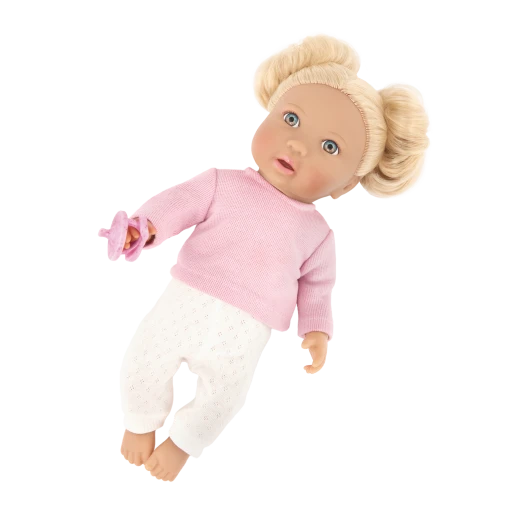 LullaBaby, 14 Inch Baby Doll with Wavy Blonde Hair Blue Eyes Fair Skin Tone Pink Sweater and Pants Soft Cuddly Body Pacifier 2 Hair Elastics First Baby Doll Gift for Kids 2 Years and Up - Lullababy - Image 3