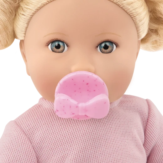 LullaBaby, 14 Inch Baby Doll with Wavy Blonde Hair Blue Eyes Fair Skin Tone Pink Sweater and Pants Soft Cuddly Body Pacifier 2 Hair Elastics First Baby Doll Gift for Kids 2 Years and Up - Lullababy - Image 4