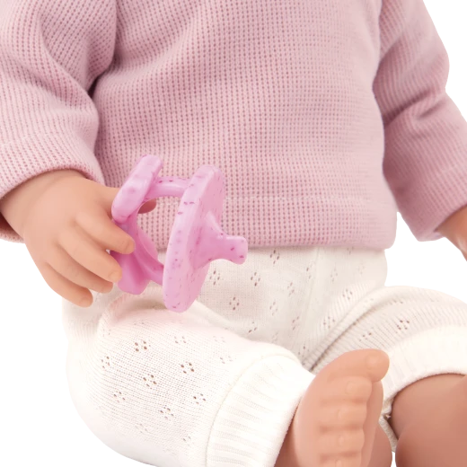 LullaBaby, 14 Inch Baby Doll with Wavy Blonde Hair Blue Eyes Fair Skin Tone Pink Sweater and Pants Soft Cuddly Body Pacifier 2 Hair Elastics First Baby Doll Gift for Kids 2 Years and Up - Lullababy - Image 6