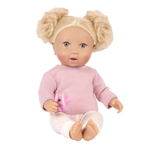 LullaBaby, 14 Inch Baby Doll with Wavy Blonde Hair Blue Eyes Fair Skin Tone Pink Sweater and Pants Soft Cuddly Body Pacifier 2 Hair Elastics First Baby Doll Gift for Kids 2 Years and Up - Lullababy - Image 9