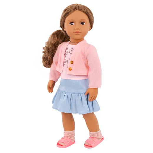 Our Generation, Country Charm Sweater & Skirt Outfit for Kids Ages 3+ 18" Doll Clothes Floral Top Pink Sweater Blue Skirt Sandals - Our Generation - Image 2