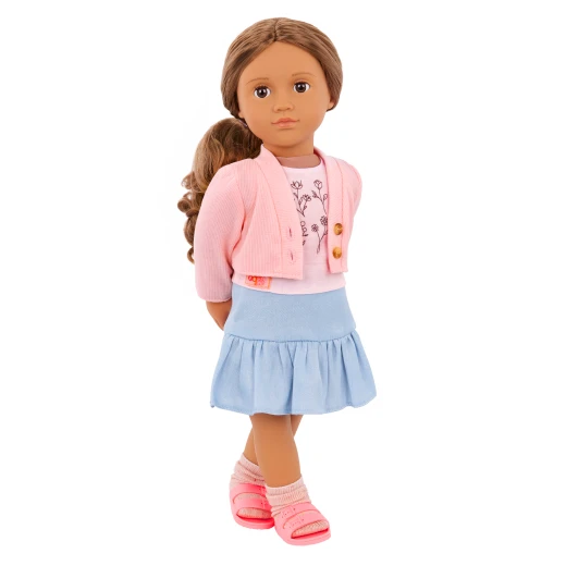 Our Generation, Country Charm Sweater & Skirt Outfit for Kids Ages 3+ 18" Doll Clothes Floral Top Pink Sweater Blue Skirt Sandals - Our Generation - Image 3