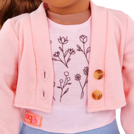 Our Generation, Country Charm Sweater & Skirt Outfit for Kids Ages 3+ 18" Doll Clothes Floral Top Pink Sweater Blue Skirt Sandals - Our Generation - Image 4