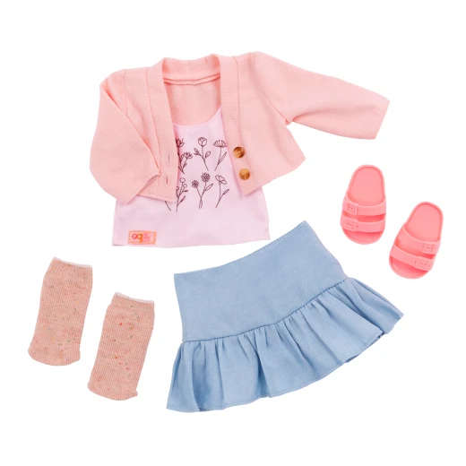 Our Generation, Country Charm Sweater & Skirt Outfit for Kids Ages 3+ 18" Doll Clothes Floral Top Pink Sweater Blue Skirt Sandals - Our Generation - Image 5