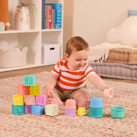 B. Toys, Stacking Cups and Soft Baby Blocks Stackin’ Squishies for Babies 6 Months and Up with 17 Sensory Pieces Numbers Shapes Animals Chew-Friendly Bath Play - B. toys - Image 6