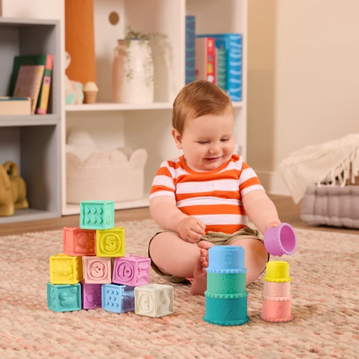 B. Toys, Stacking Cups and Soft Baby Blocks Stackin’ Squishies for Babies 6 Months and Up with 17 Sensory Pieces Numbers Shapes Animals Chew-Friendly Bath Play - B. toys - Image 7