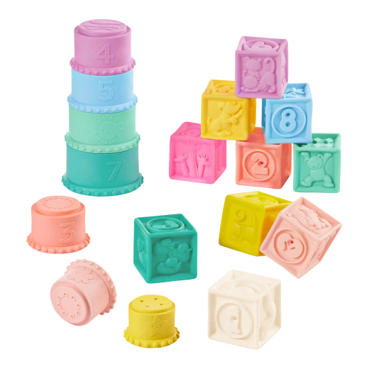 B. Toys, Stacking Cups and Soft Baby Blocks Stackin’ Squishies for Babies 6 Months and Up with 17 Sensory Pieces Numbers Shapes Animals Chew-Friendly Bath Play - B. toys - Image 8