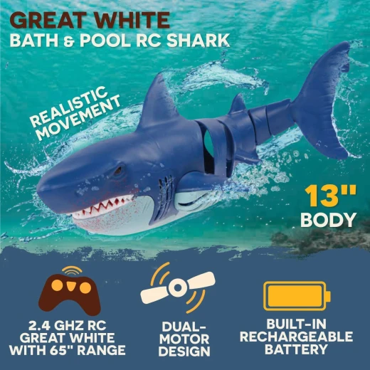 TERRA, RC Great White Shark Remote Control Water Toy Realistic Electronic Swimming Shark Waterproof Rechargeable Battery Pool Bath Toy for Kids 6+ - Terra - Image 7