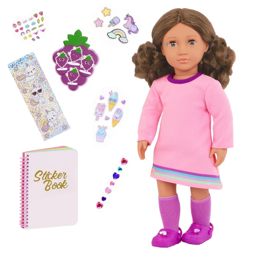 Our Generation, Finley 18 Inch Doll with 50+ Colorful Stickers and Pop-It Fidget Sticker Book, Violet Opening and Closing Eyes, Wavy Light Brown Hair, Pink Dress with Rainbow Trim and Accessories, Gift for Kids Age 3+ - Our Generation - Image 2