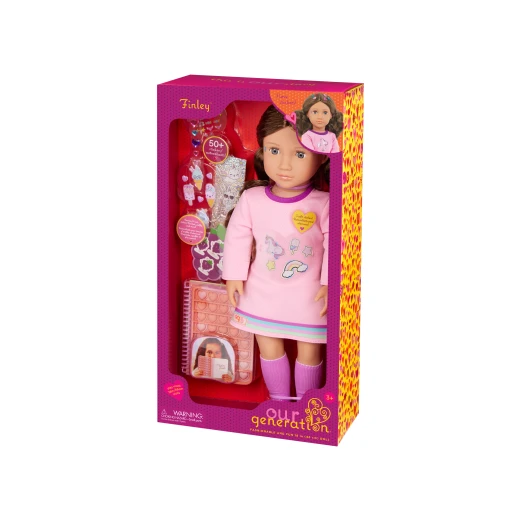 Our Generation, Finley 18 Inch Doll with 50+ Colorful Stickers and Pop-It Fidget Sticker Book, Violet Opening and Closing Eyes, Wavy Light Brown Hair, Pink Dress with Rainbow Trim and Accessories, Gift for Kids Age 3+ Our Generation, Finley 18 Inch Doll with 50+ Colorful Stickers and Pop-It Fidget Sticker Book, Violet Opening and Closing Eyes, Wavy Light Brown Hair, Pink Dress with Rainbow Trim and Accessories, Gift for Kids Age 3+