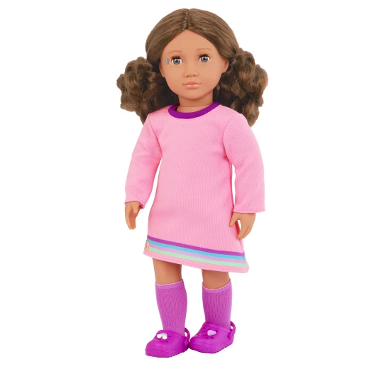 Our Generation, Finley 18 Inch Doll with 50+ Colorful Stickers and Pop-It Fidget Sticker Book, Violet Opening and Closing Eyes, Wavy Light Brown Hair, Pink Dress with Rainbow Trim and Accessories, Gift for Kids Age 3+ - Our Generation - Image 3