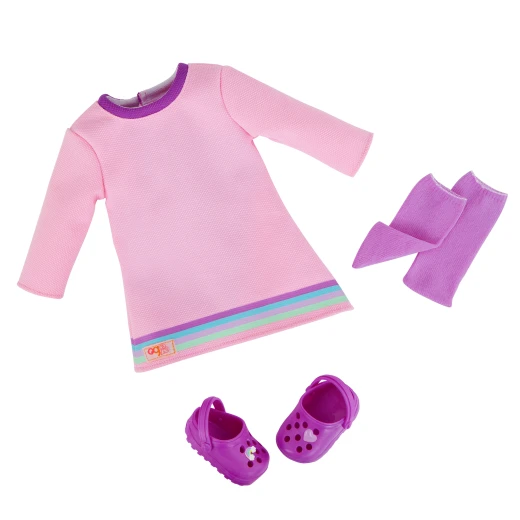 Our Generation, Finley 18 Inch Doll with 50+ Colorful Stickers and Pop-It Fidget Sticker Book, Violet Opening and Closing Eyes, Wavy Light Brown Hair, Pink Dress with Rainbow Trim and Accessories, Gift for Kids Age 3+ - Our Generation - Image 5