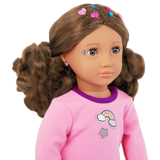 Our Generation, Finley 18 Inch Doll with 50+ Colorful Stickers and Pop-It Fidget Sticker Book, Violet Opening and Closing Eyes, Wavy Light Brown Hair, Pink Dress with Rainbow Trim and Accessories, Gift for Kids Age 3+ - Our Generation - Image 7