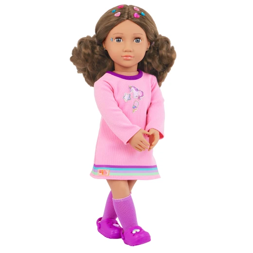 Our Generation, Finley 18 Inch Doll with 50+ Colorful Stickers and Pop-It Fidget Sticker Book, Violet Opening and Closing Eyes, Wavy Light Brown Hair, Pink Dress with Rainbow Trim and Accessories, Gift for Kids Age 3+ - Our Generation - Image 9