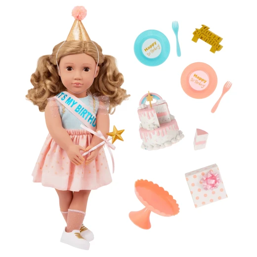Our Generation, Romy 18 Inch Birthday Party Doll with Party Dress Hat Sash Star Wand Two Tier Birthday Cake Cake Stand Removable Slice Candle Plates Forks and Gift Box, Poseable Doll with Dark Brown Eyes and Dark Blonde Hair for Kids Age 3+ - Our Generation - Image 2