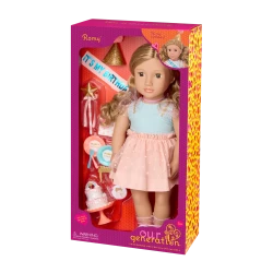 Our Generation, Romy 18 Inch Birthday Party Doll with Party Dress Hat Sash Star Wand Two Tier Birthday Cake Cake Stand Removable Slice Candle Plates Forks and Gift Box, Poseable Doll with Dark Brown Eyes and Dark Blonde Hair for Kids Age 3+