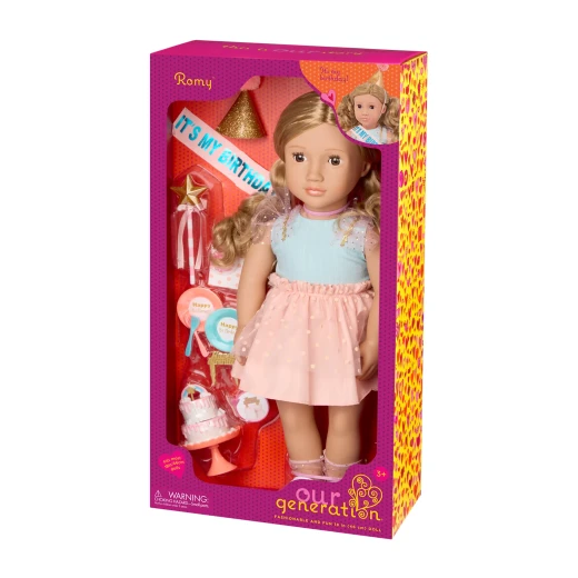 Our Generation, Romy 18 Inch Birthday Party Doll with Party Dress Hat Sash Star Wand Two Tier Birthday Cake Cake Stand Removable Slice Candle Plates Forks and Gift Box, Poseable Doll with Dark Brown Eyes and Dark Blonde Hair for Kids Age 3+ Our Generation, Romy 18 Inch Birthday Party Doll with Party Dress Hat Sash Star Wand Two Tier Birthday Cake Cake Stand Removable Slice Candle Plates Forks and Gift Box, Poseable Doll with Dark Brown Eyes and Dark Blonde Hair for Kids Age 3+