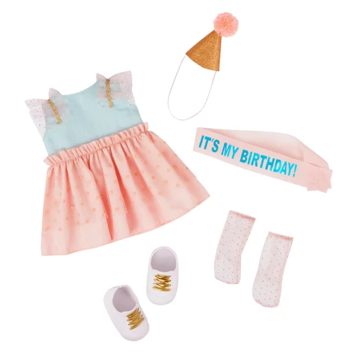 Our Generation, Romy 18 Inch Birthday Party Doll with Party Dress Hat Sash Star Wand Two Tier Birthday Cake Cake Stand Removable Slice Candle Plates Forks and Gift Box, Poseable Doll with Dark Brown Eyes and Dark Blonde Hair for Kids Age 3+ - Our Generation - Image 3