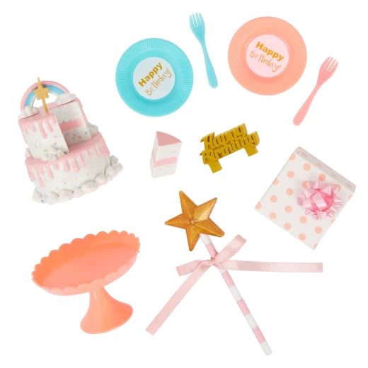Our Generation, Romy 18 Inch Birthday Party Doll with Party Dress Hat Sash Star Wand Two Tier Birthday Cake Cake Stand Removable Slice Candle Plates Forks and Gift Box, Poseable Doll with Dark Brown Eyes and Dark Blonde Hair for Kids Age 3+ - Our Generation - Image 4