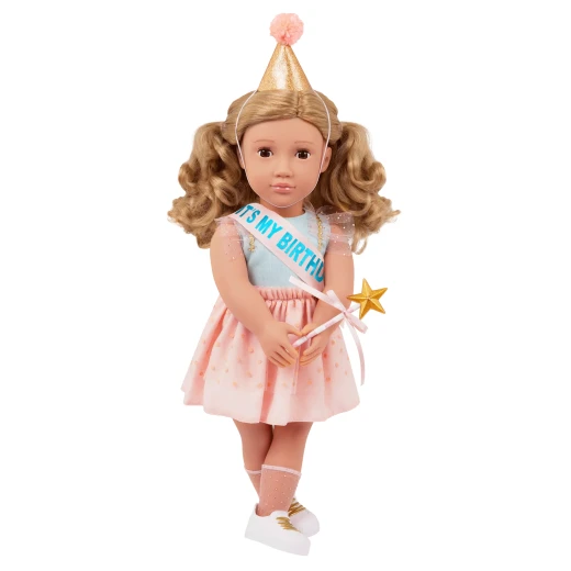 Our Generation, Romy 18 Inch Birthday Party Doll with Party Dress Hat Sash Star Wand Two Tier Birthday Cake Cake Stand Removable Slice Candle Plates Forks and Gift Box, Poseable Doll with Dark Brown Eyes and Dark Blonde Hair for Kids Age 3+ - Our Generation - Image 5