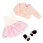 Our Generation, Ballet Academy Varsity Jacket & Dress Outfit for Kids Ages 3+ 18" Doll Clothes Pink Jacket Confetti Dress Bow Shoes - Our Generation