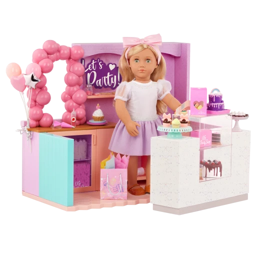 Our Generation, OG Party Shop 59-pc Cake Shop Playset for Kids Ages 3+ 18" Doll Accessories Cupcakes Chocolate Cake Balloon Arch - Our Generation - Image 4
