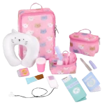 Our Generation, Purrfectly Packed 19-pc Kitty-Print Luggage & Travel Accessories for Kids Ages 3+ 18" Doll Passport Music Player Headphones - Our Generation