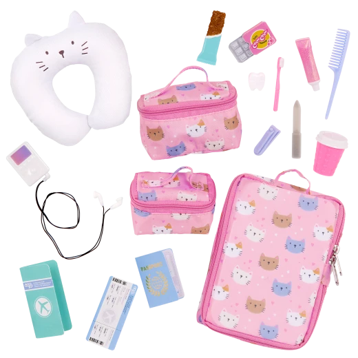 Our Generation, Purrfectly Packed 19-pc Kitty-Print Luggage & Travel Accessories for Kids Ages 3+ 18" Doll Passport Music Player Headphones - Our Generation - Image 5