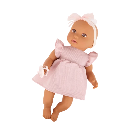 LullaBaby, 14 Inch Baby Doll Pink Dress Bow Headband Pair of Bottoms Brown Eyes Olive Skin Tone Soft Cuddly Body Pacifier First Baby Doll Gift for Kids 2 Years and Up - Lullababy - Image 7